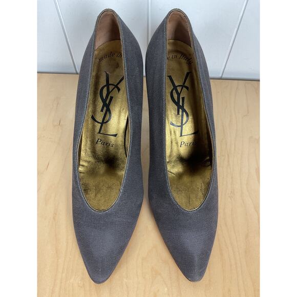 NIB Vintage Yves Saint Laurent Gray Grograin Heels Size 7 Comes with Box - Picture 3 of 7